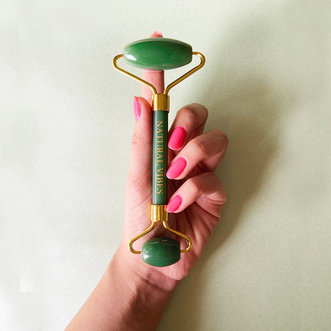 Natural Vibes Jade Roller & Massager for Face, Neck and Under eye with FREE Gold Beauty Elixir Oil