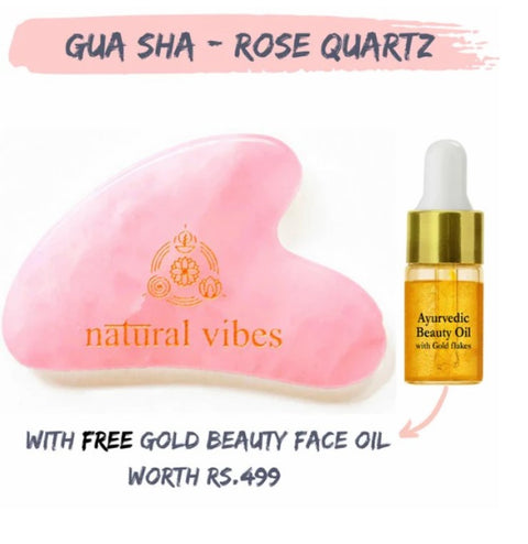 Natural Vibes Rose Quartz Gua Sha For Face, Neck and Under eye with FREE Gold Beauty Elixir Oil 3 ml